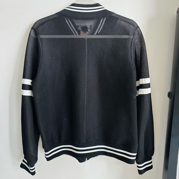 Ashley Stewart Black Mesh Bomber Jacket L/XL White Arm Stripe EUC - Picture 4 of 6